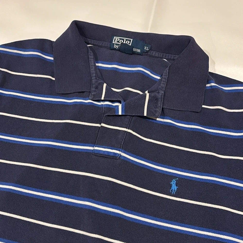 Vintage Polo Ralph Lauren Dark Blue Short Sleeve Polo with Stripes XL US Made